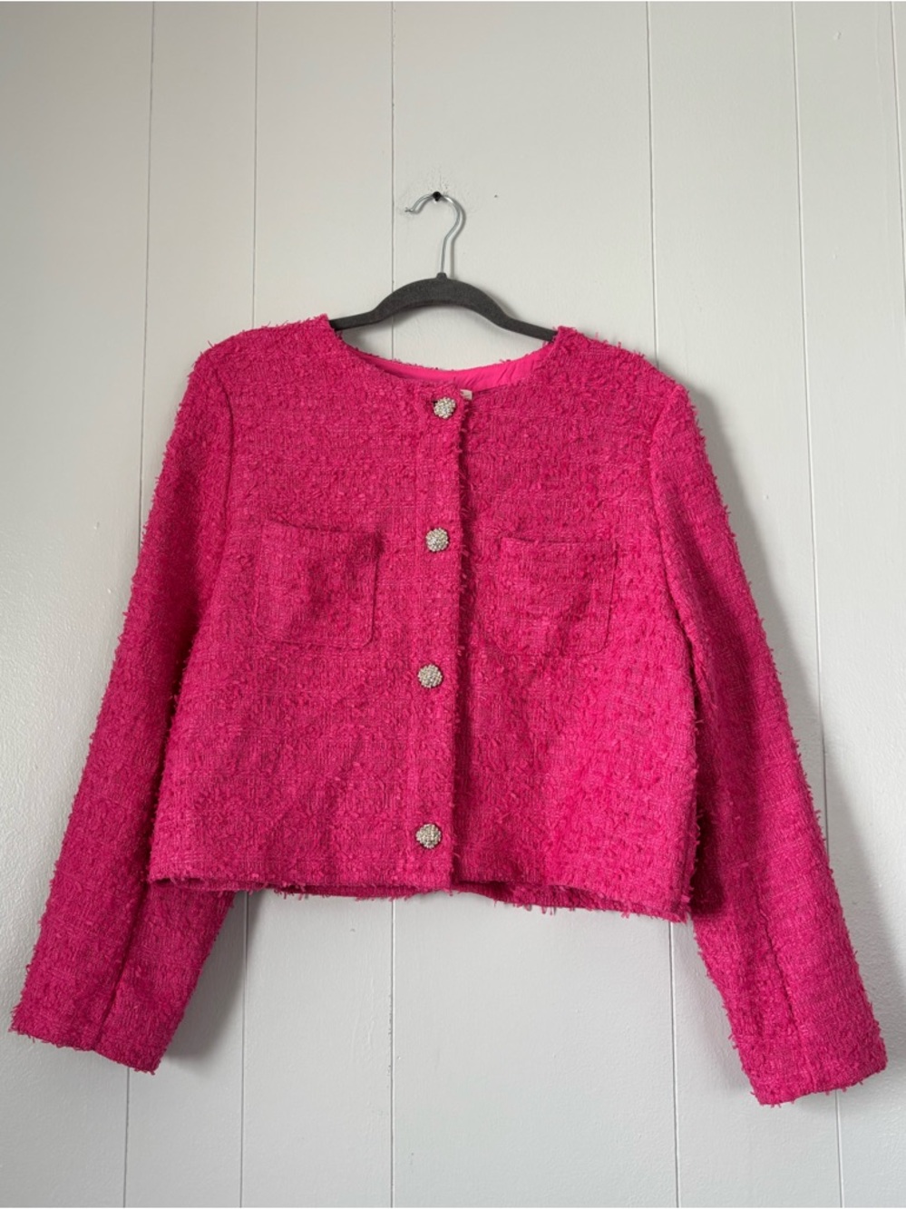 Melloday Pink Textured Bouclé Tweed Cropped Jacket Professional Office